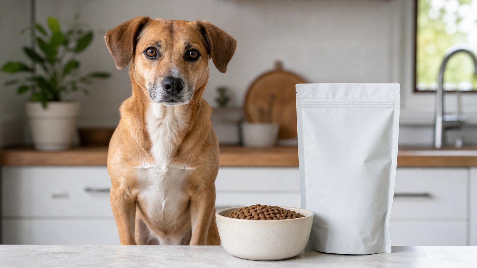 Hund neben Napf mit neutralem Trockenfutter für eine Ownat Hundefutter Analyse