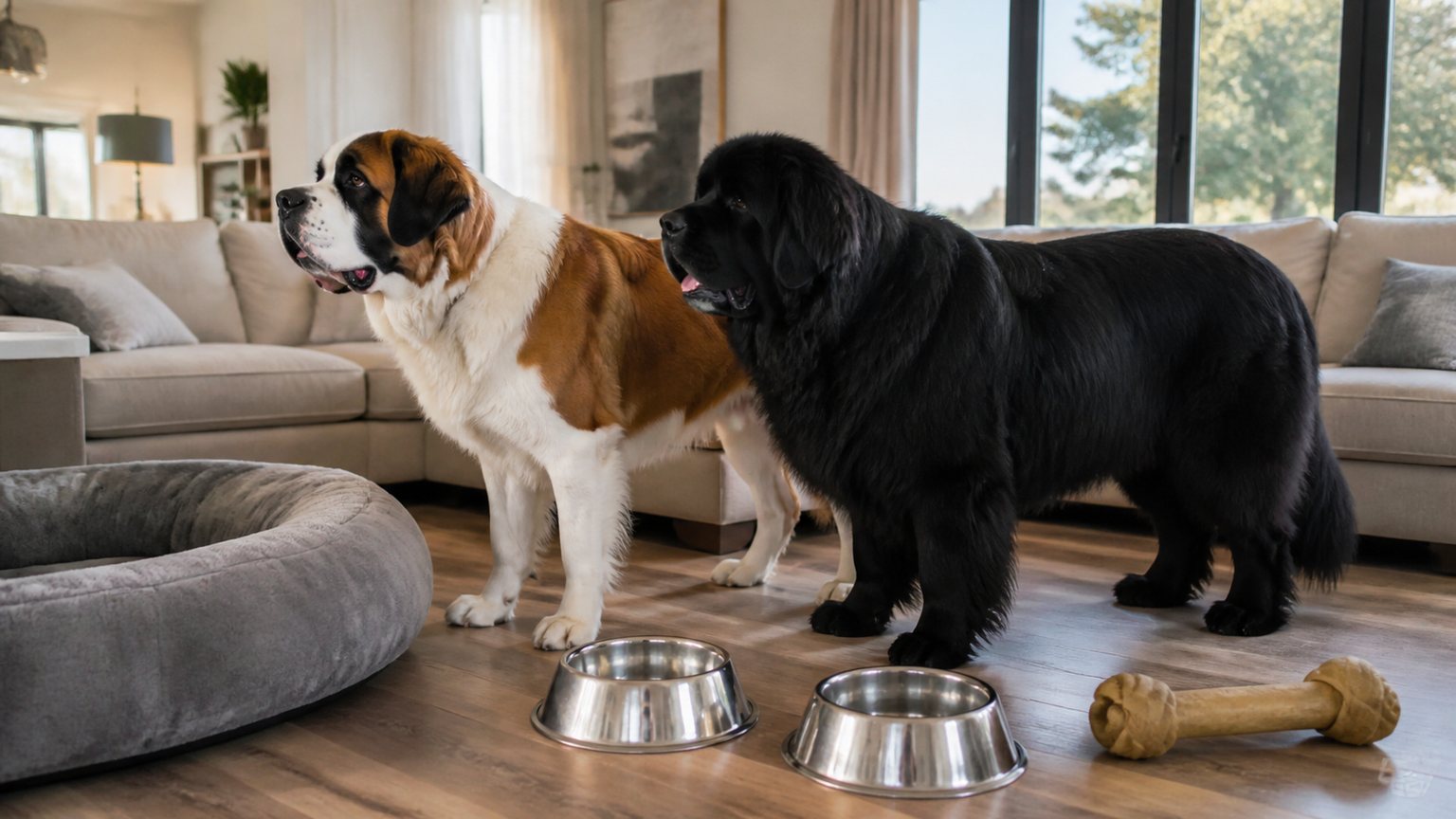 Bernhardiner und Neufundländer in einem hellen Wohnraum mit großem Hundezubehör