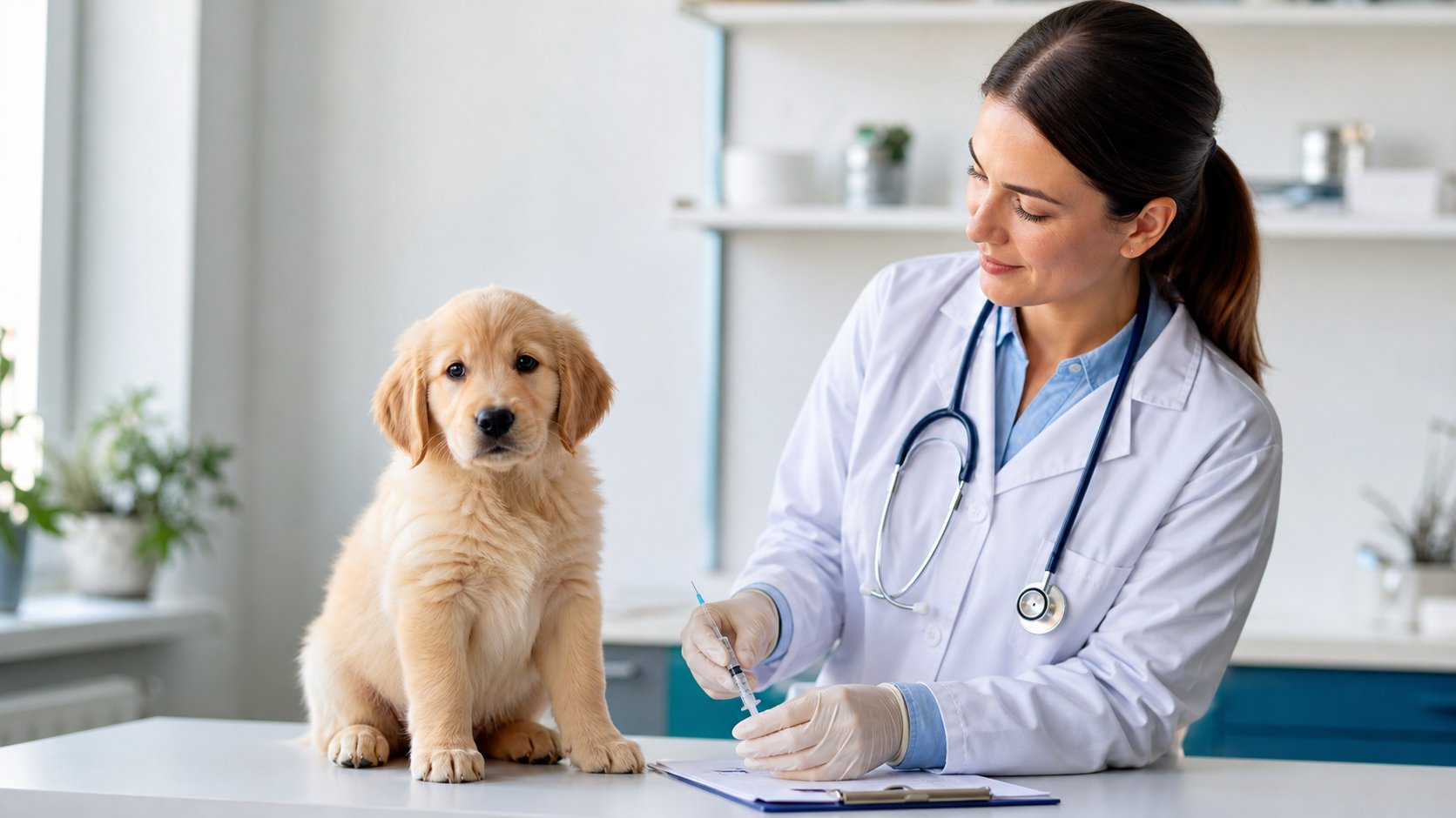 Chiot en consultation vétérinaire pour ses vaccins