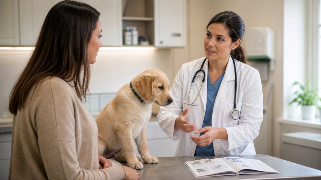 Vétérinaire expliquant le calendrier vaccinal d’un chiot