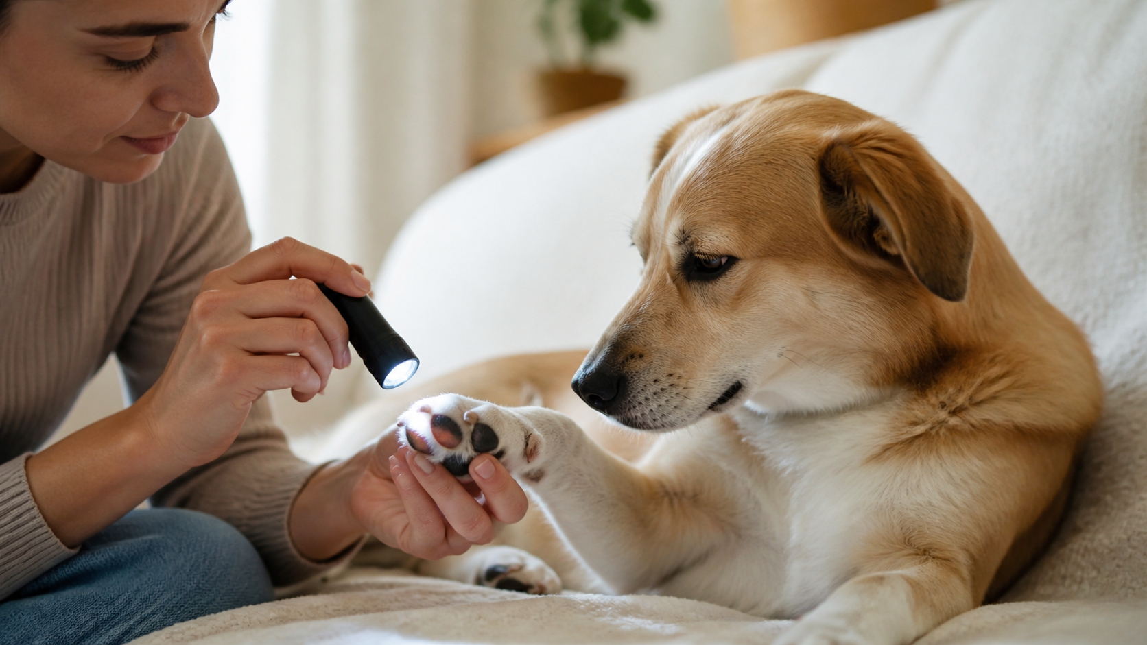 Persona revisando suavemente la pata de un perro tranquilo