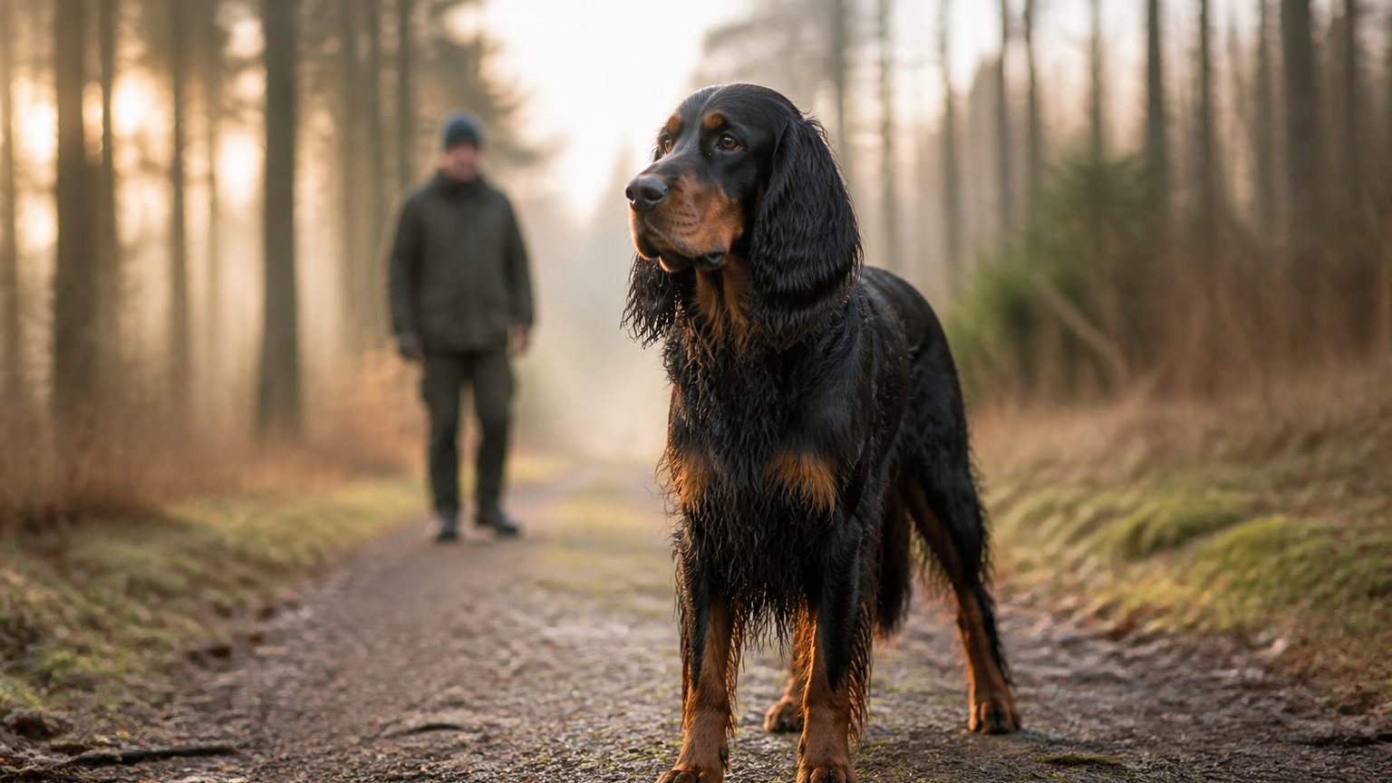 Gordon Setter auf einem Waldweg, passend zu Charakter und Größe der Rasse