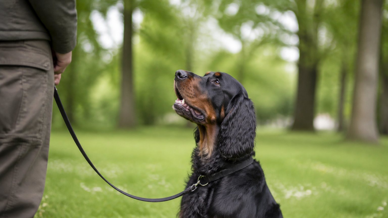 Gordon Setter beim ruhigen Leinentraining im Park