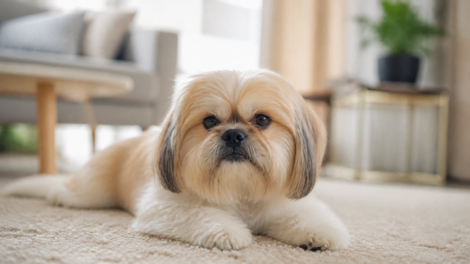 Kleiner Pekingese Shih Tzu Mix entspannt in einer hellen Wohnung