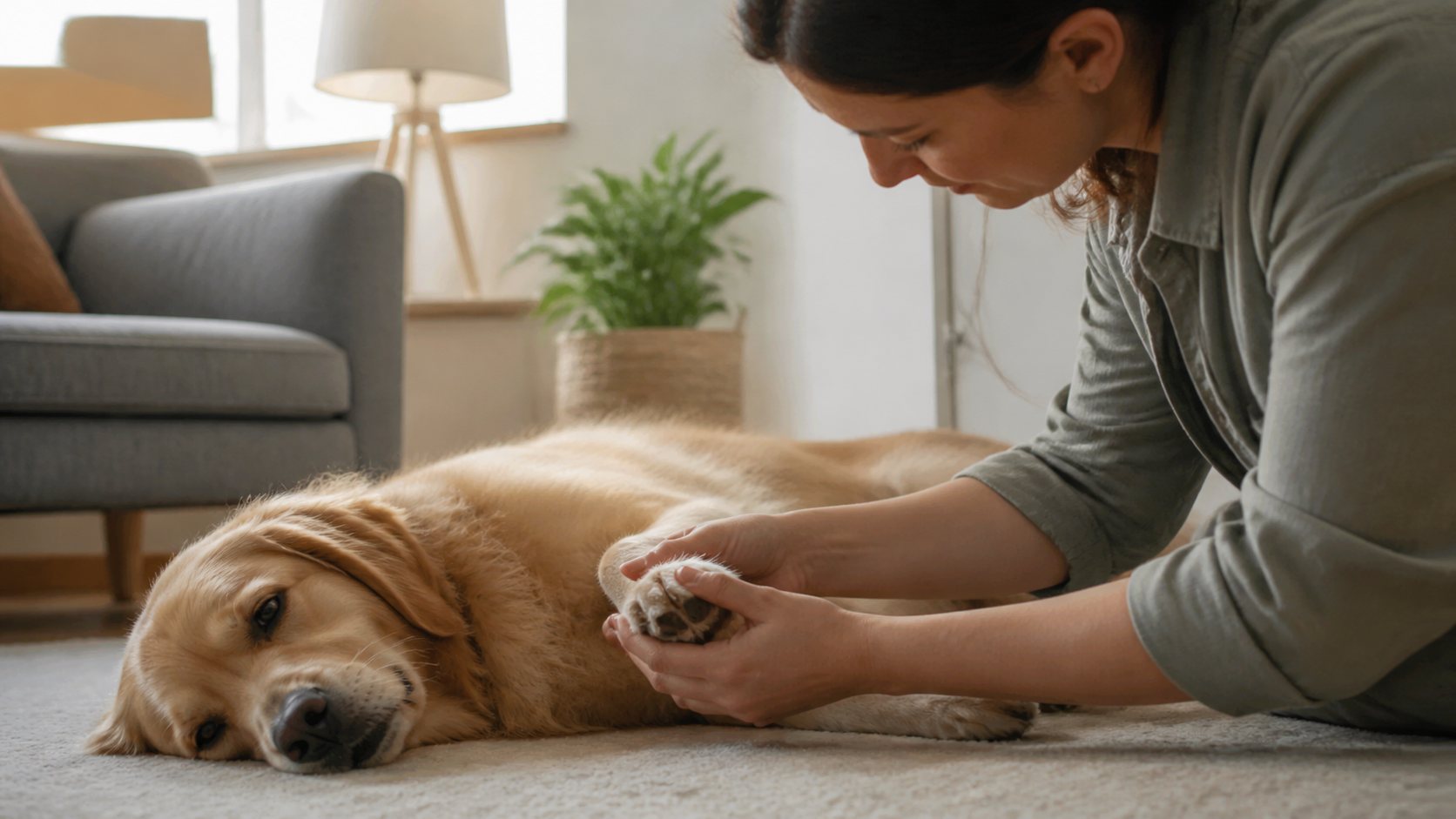 Tutor revisando suavemente la pata delantera de un perro