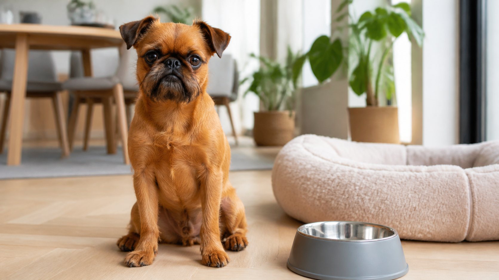 Petit Brabançon in einer hellen Wohnung neben Futternapf und Hundebett