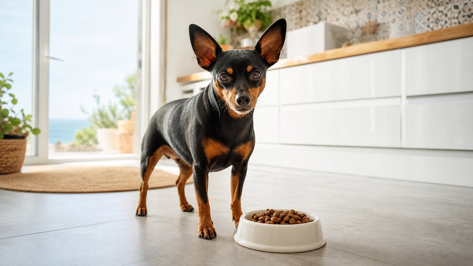 Pinscher miniatura junto a un cuenco de pienso para perros pequeños