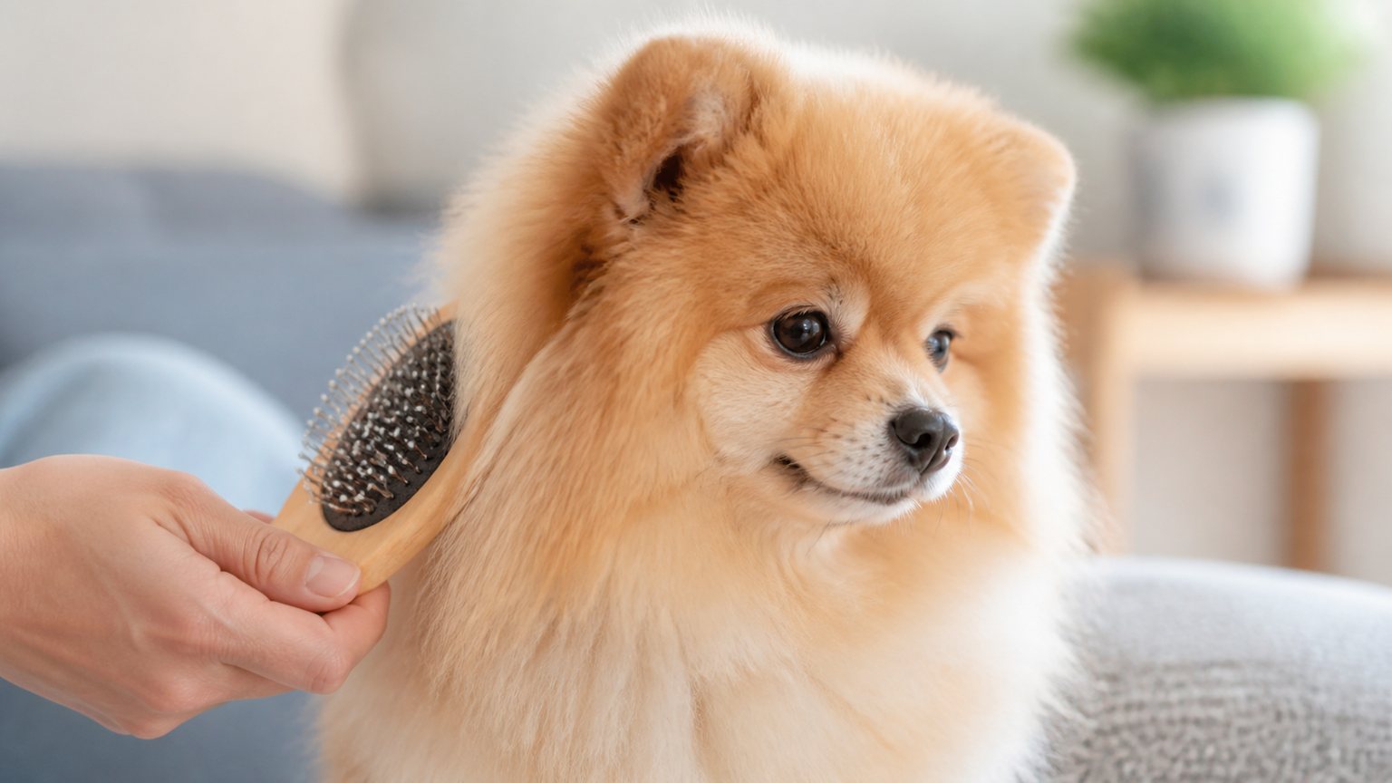 Brossage doux du pelage d’un Pomeranian