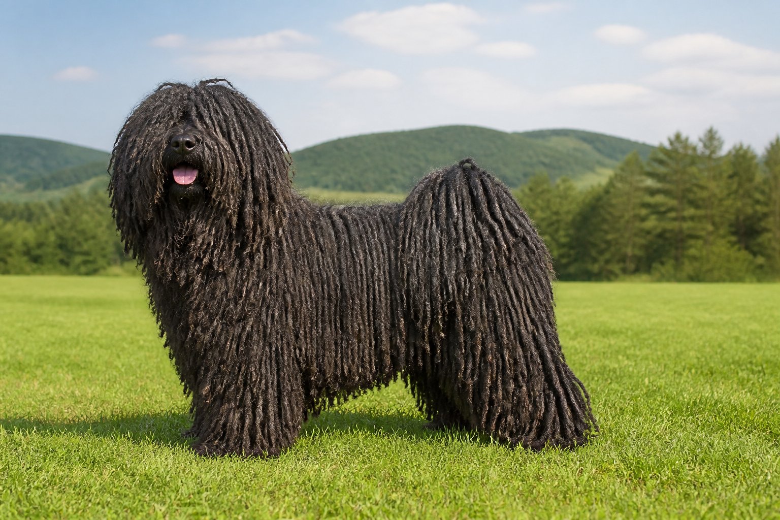 Puli chien au pelage cordé dans un champ