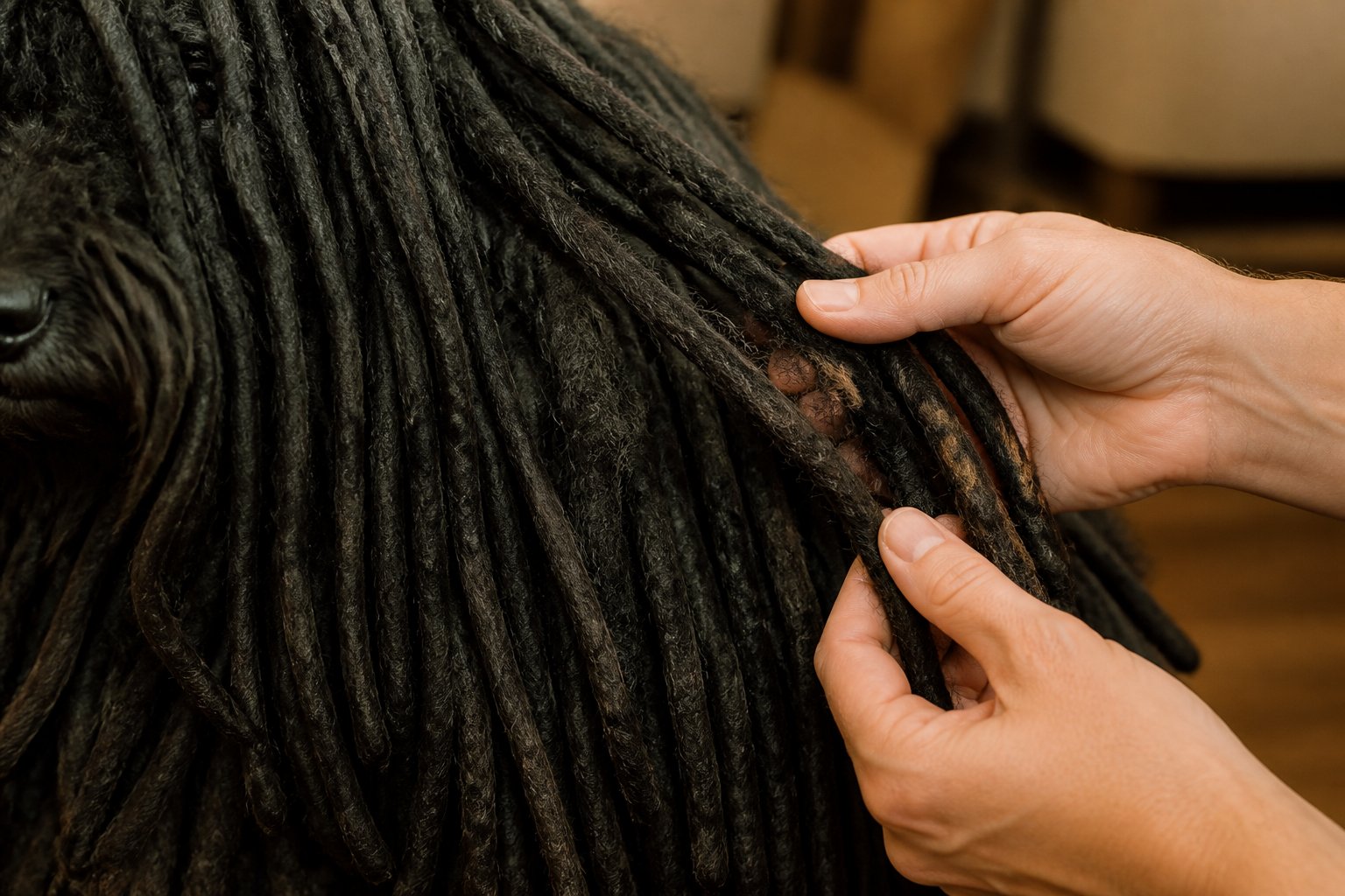 Entretien des cordes du pelage du Puli à la main
