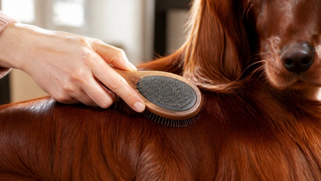 Brossage du pelage rouge d’un Setter Irlandais