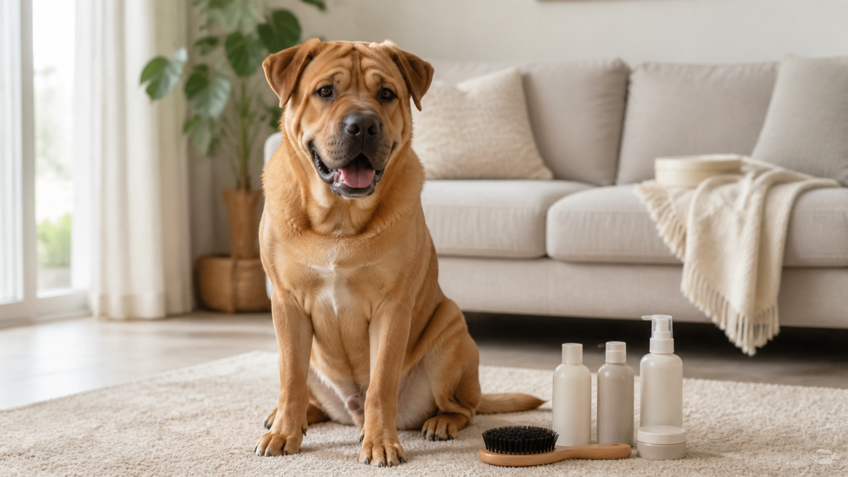 Shar Pei Labrador Mix im Wohnzimmer mit Pflegezubehör