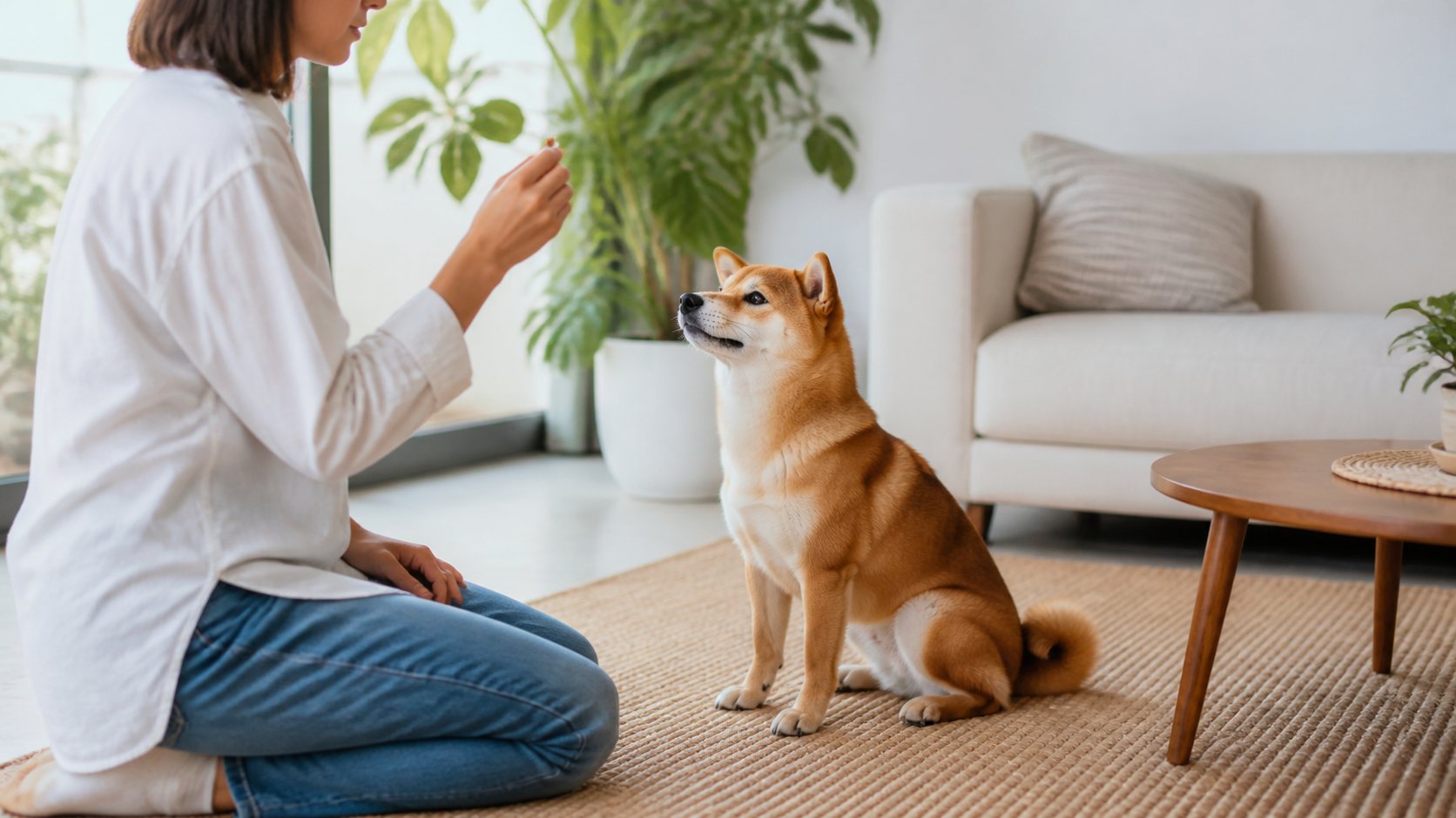 Shiba Inu attentif pendant une séance d’éducation positive en intérieur