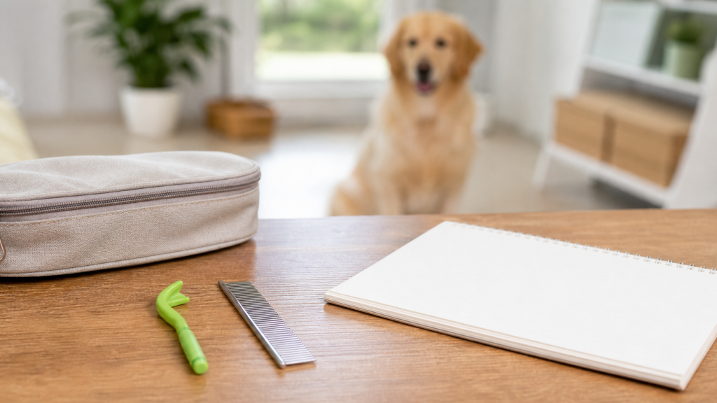Matériel pour retirer une tique et noter les symptômes du chien