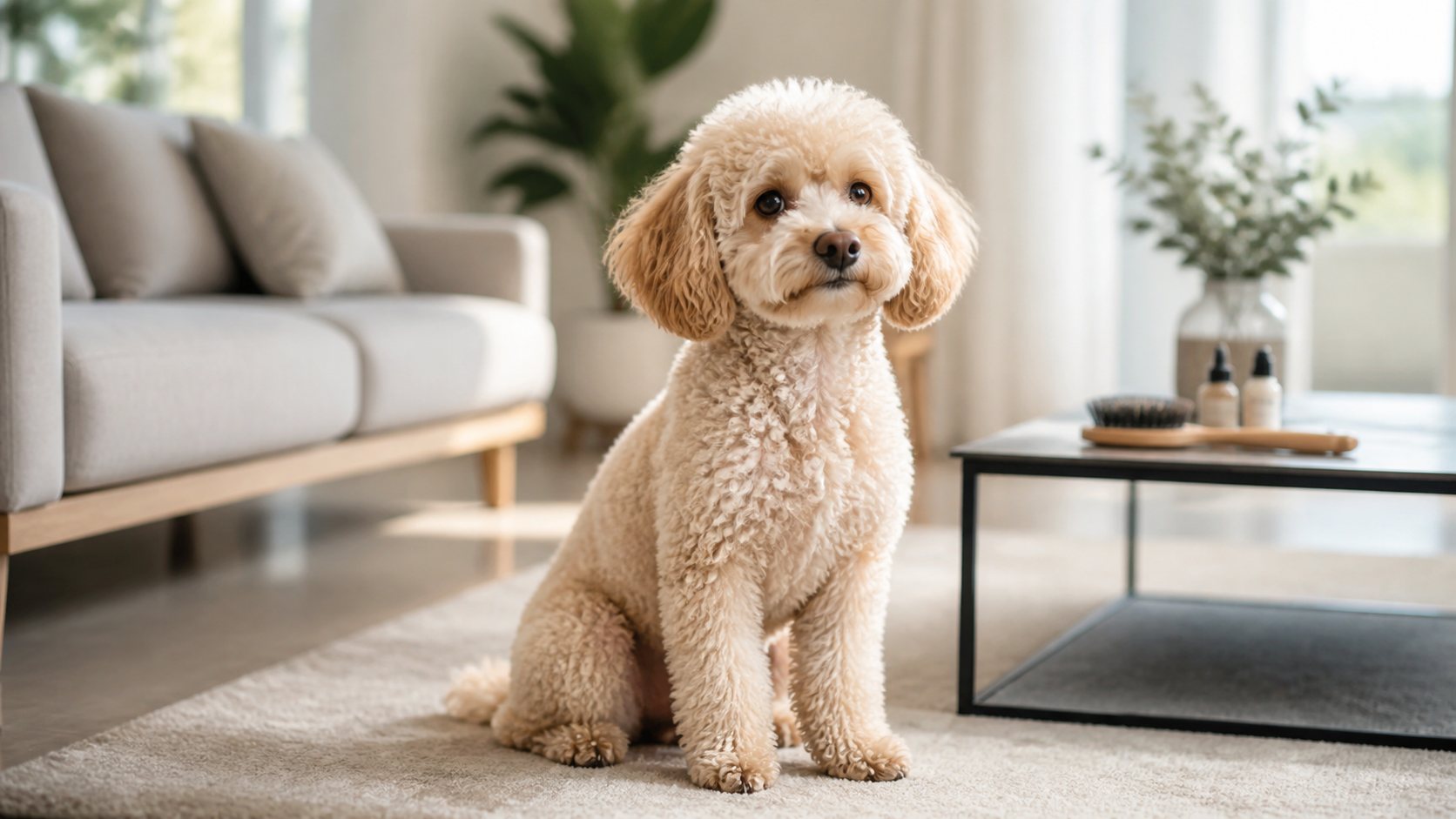 Toy Poodle adulte calme dans un salon lumineux