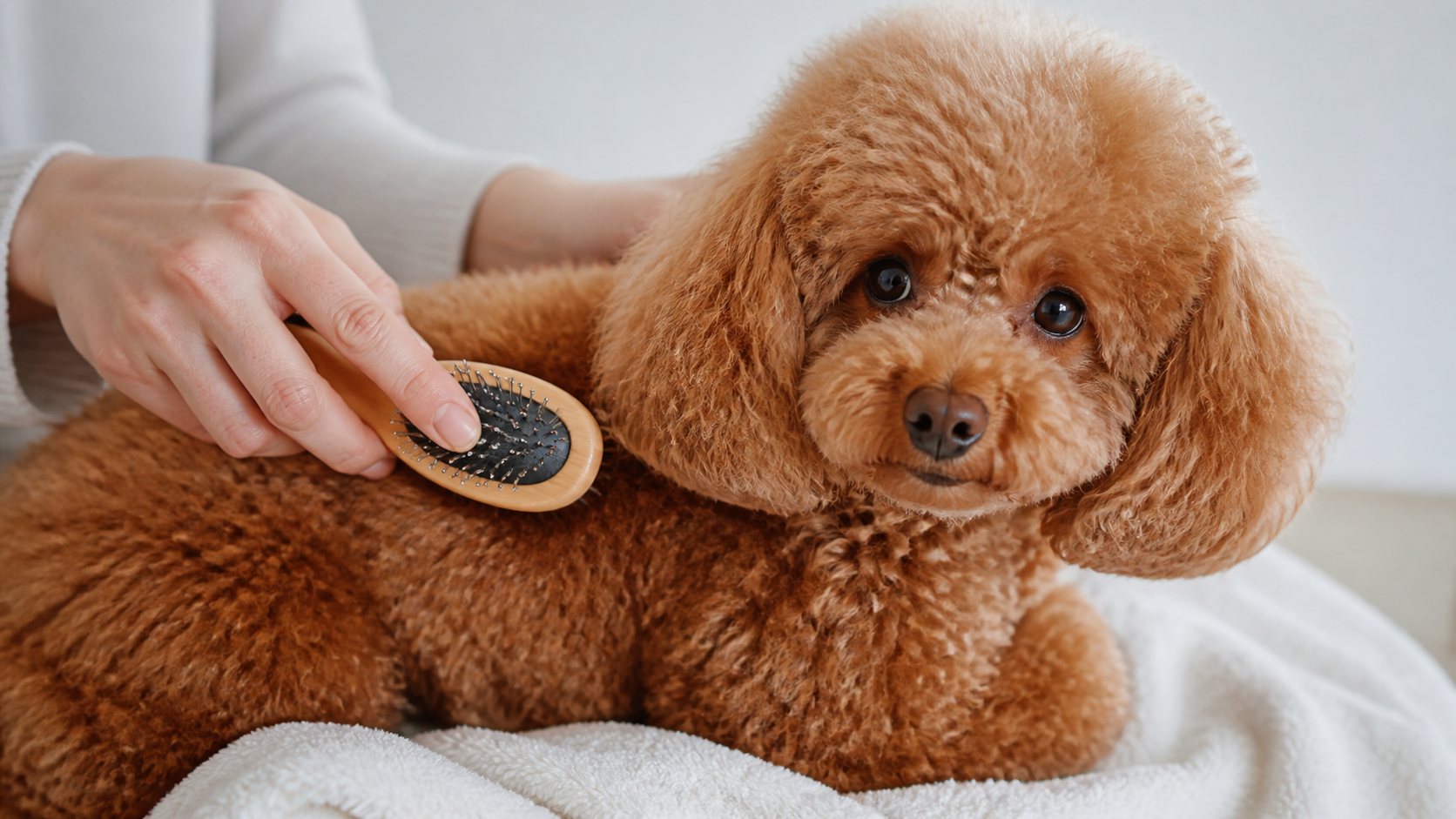 Toilettage doux du pelage bouclé d’un Toy Poodle