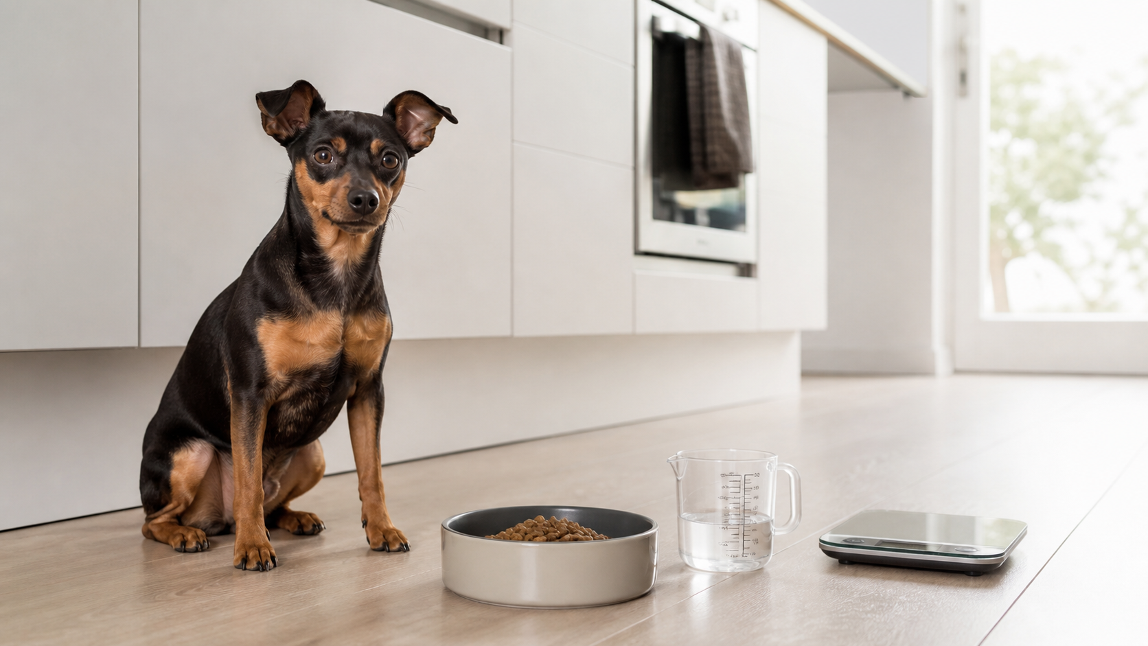 Zwergpinscher neben einer abgewogenen Futterportion nach der Kastration