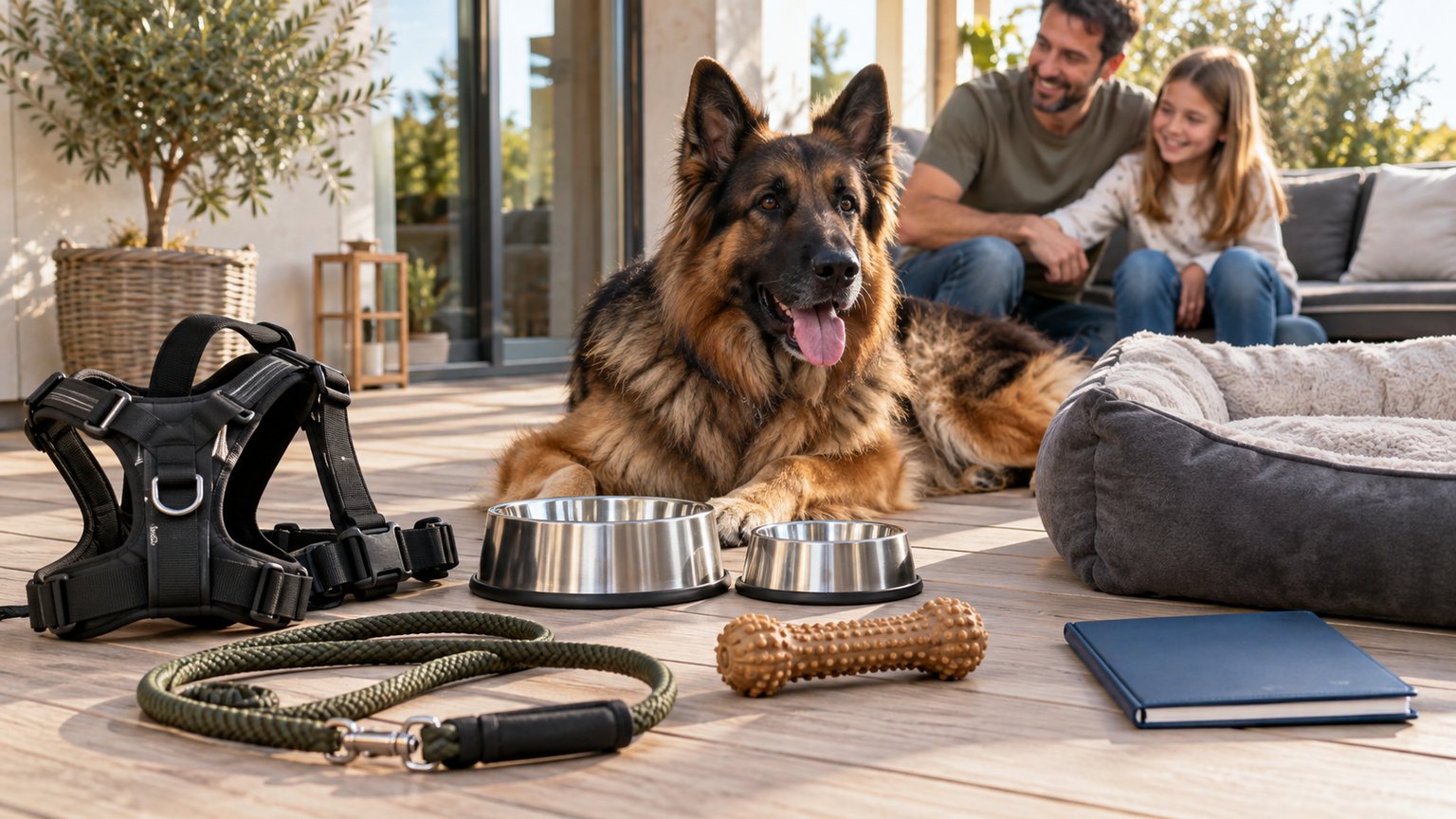 Harnais, longe, gamelles et accessoires robustes pour grand chien