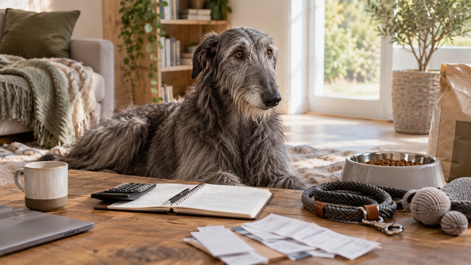 Scottish Deerhound près d’un carnet de budget et d’accessoires pour chien