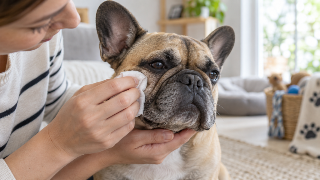 Limpieza suave de los pliegues de un bulldog francés