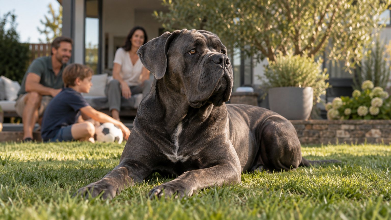 Cane Corso liegt ruhig in einem Familiengarten