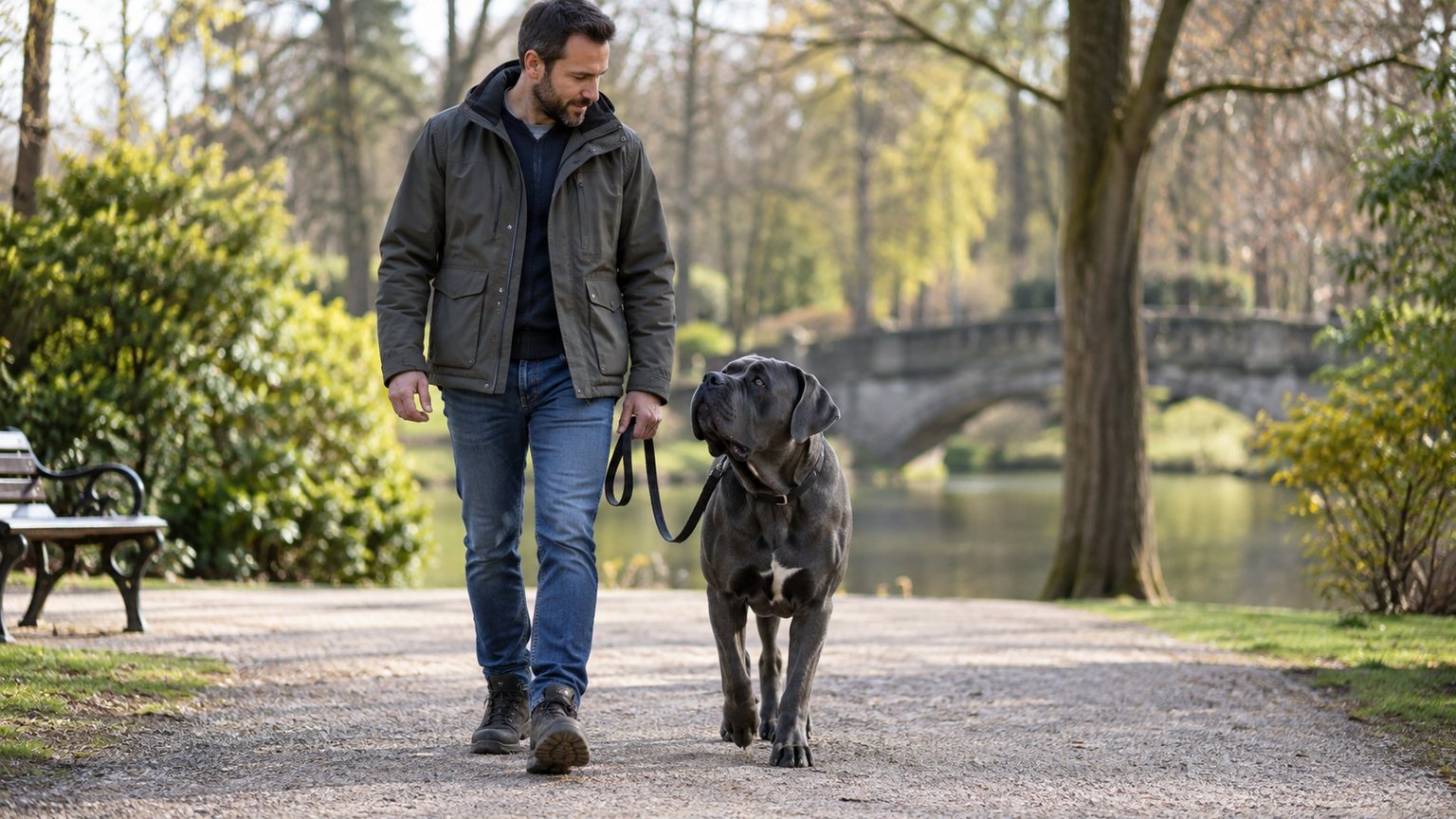 Cane Corso beim ruhigen Leinentraining im Park