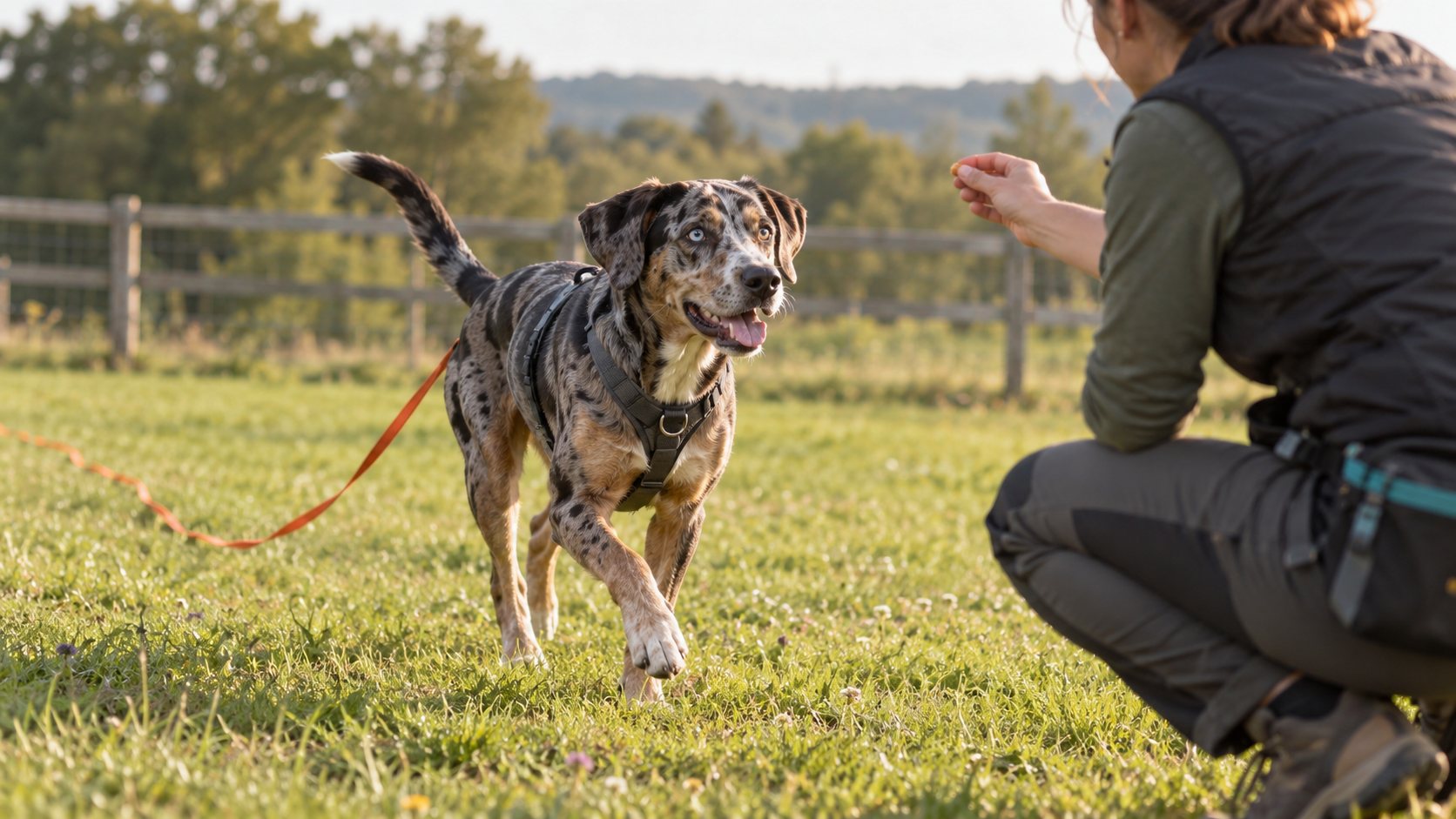 Catahoula travaillant le rappel en longe dans une prairie