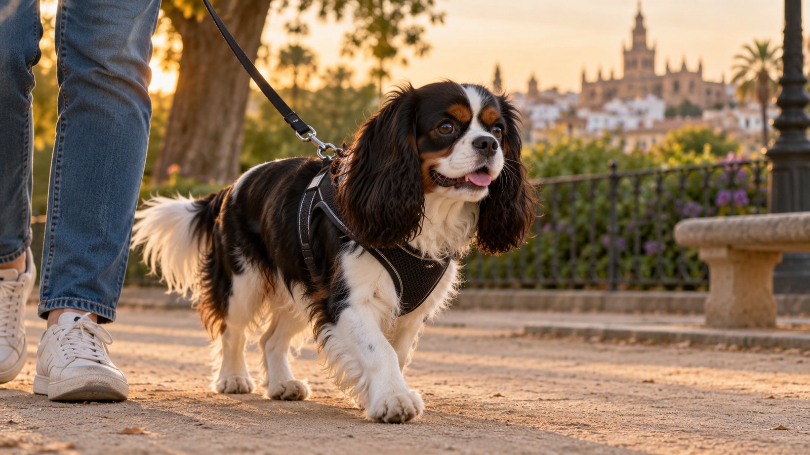 Cavalier King Charles Spaniel con arnés durante un paseo tranquilo