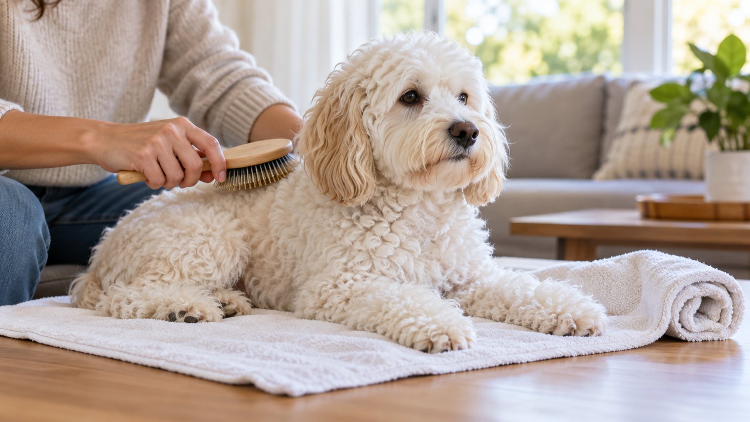 Brossage doux du pelage d’un chien peu allergisant à la maison