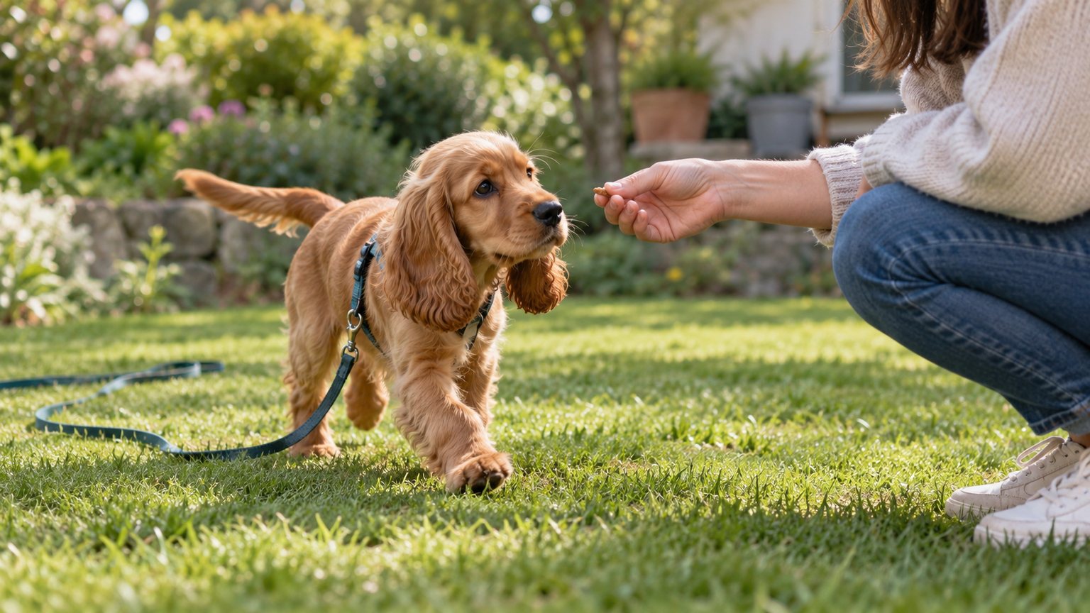 Chiot Cocker Anglais en séance d’éducation positive avec une longe