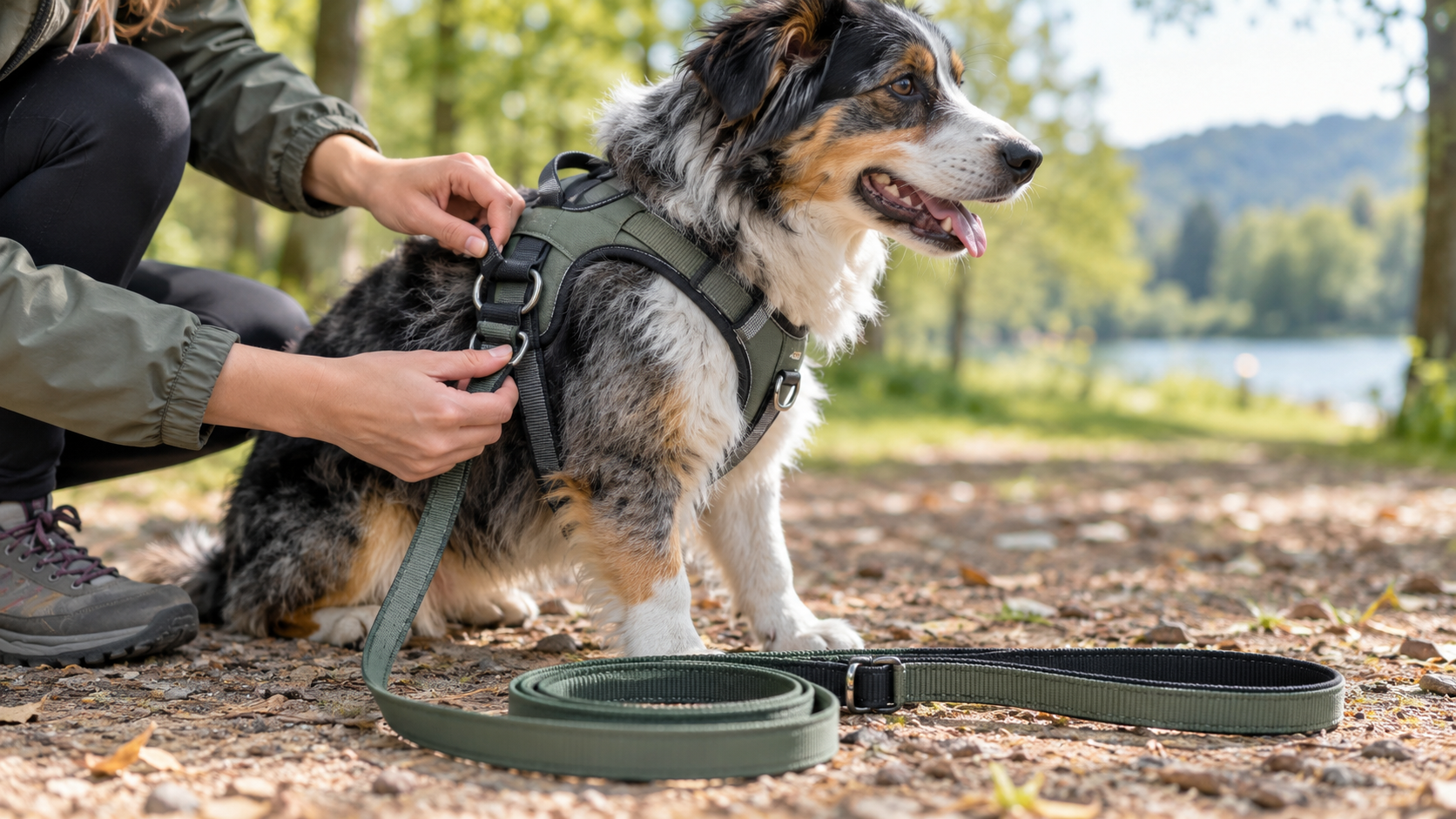 Harnais ajusté et longe déroulée avant une promenade avec un chien