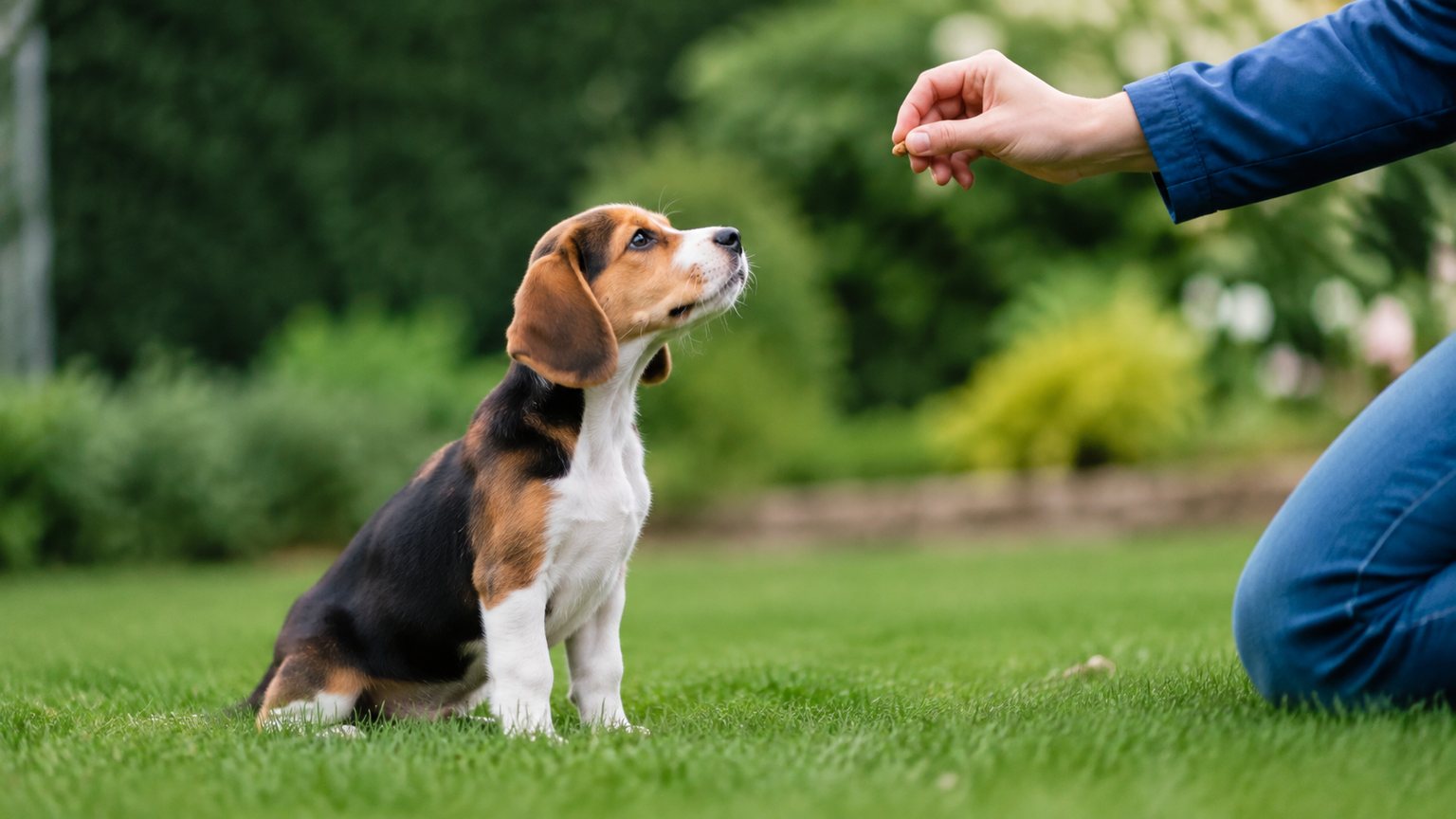 Chiot Beagle attentif pendant une séance d’éducation positive