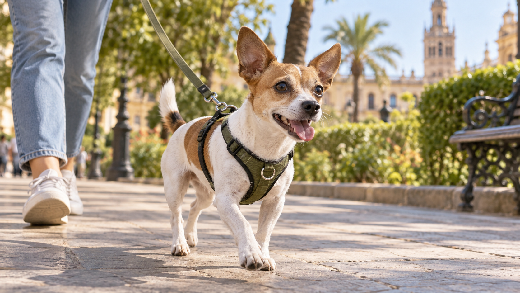 Perro pequeño tipo Jack Russell Chihuahua paseando con arnés en un parque urbano