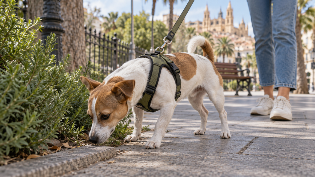 Perro pequeño activo olfateando con un arnés en Y bien ajustado