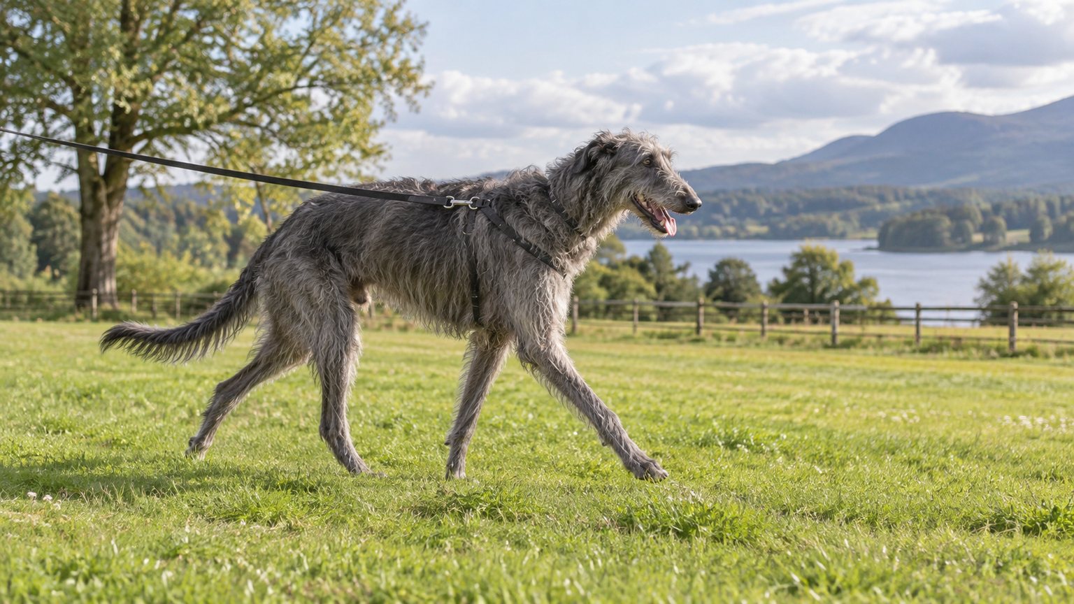 Scottish Deerhound en longe pendant une promenade dans un espace vert sécurisé