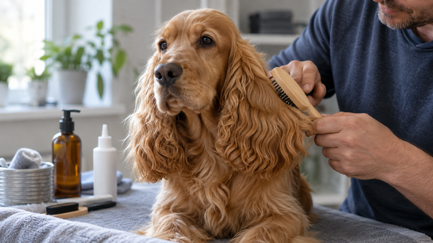 Brossage des oreilles d’un Cocker Anglais pendant une séance de toilettage