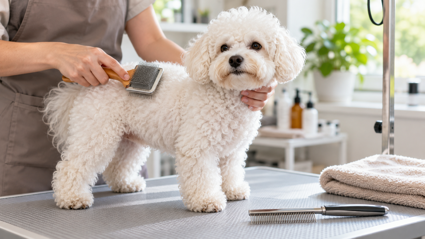 Brossage doux d’un chien à poil bouclé blanc