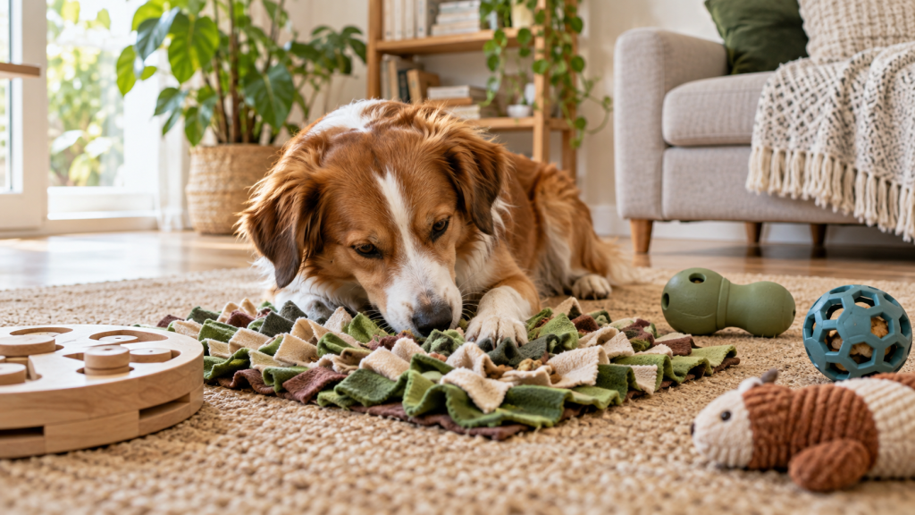 Chien apaisé avec jouets d’enrichissement dans une pièce lumineuse
