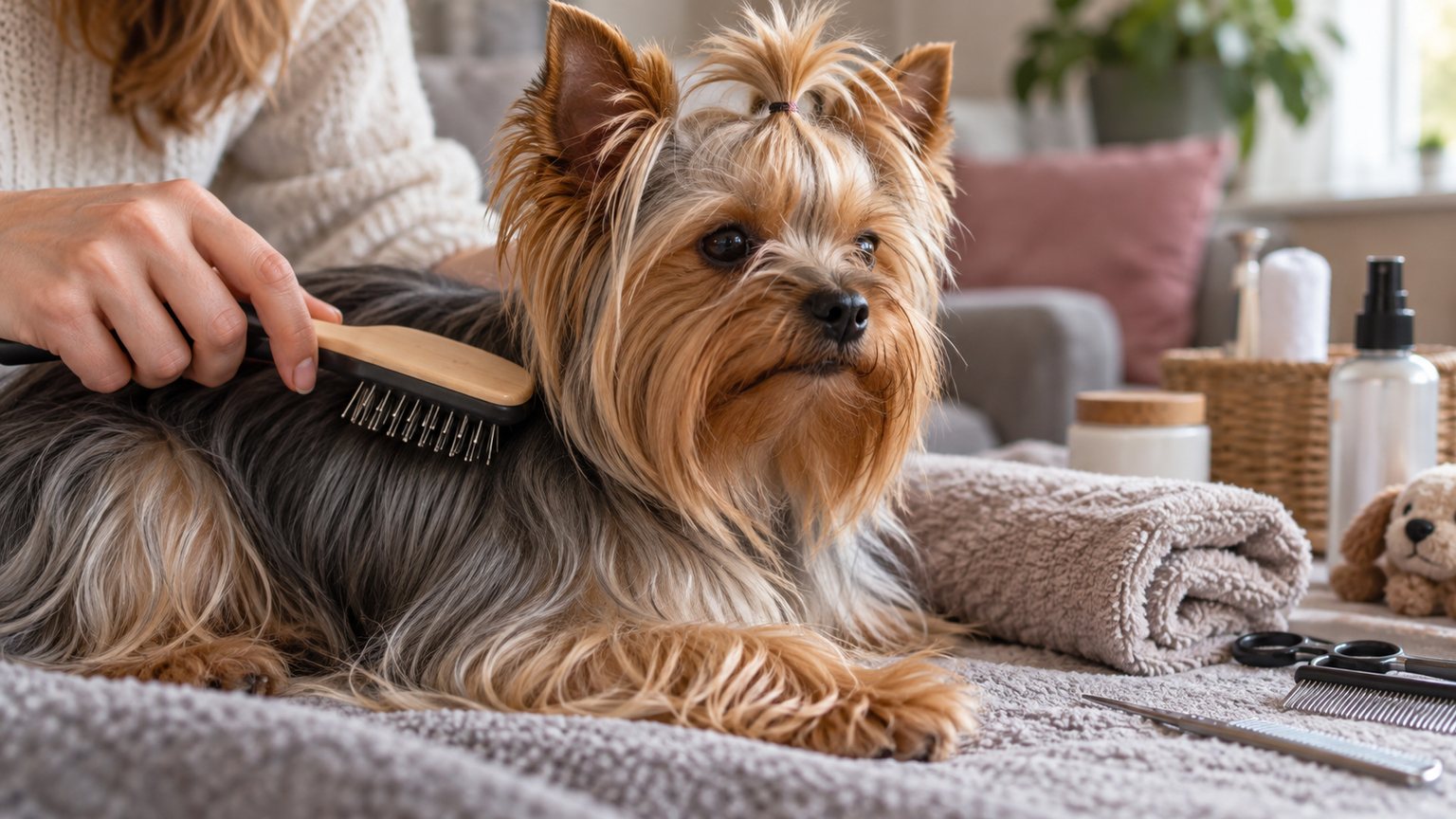 Yorkshire Terrier brossé à la maison pour illustrer les frais de toilettage