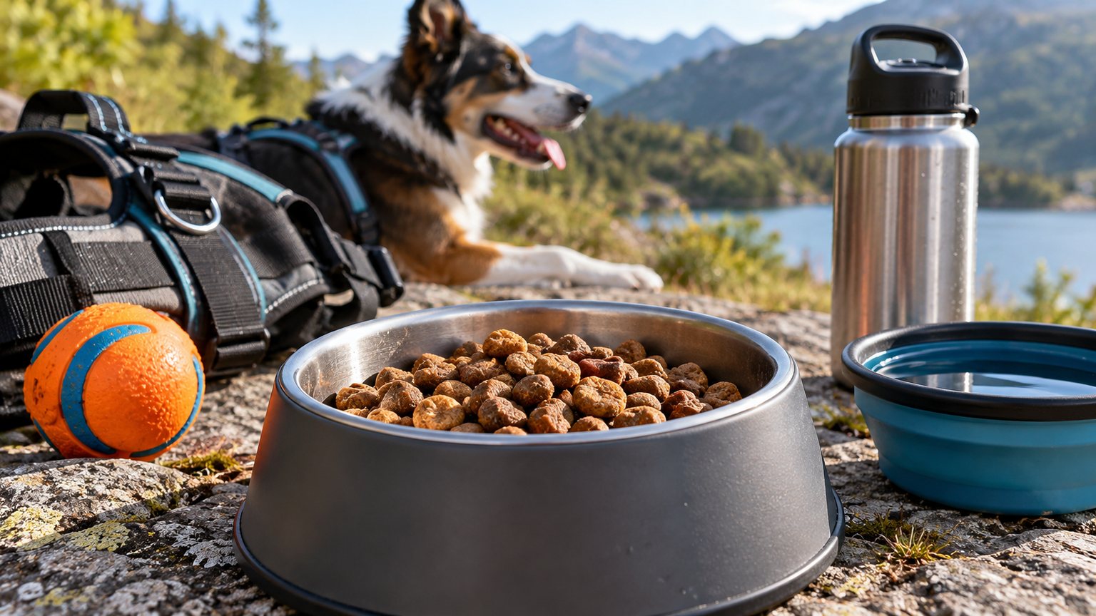 Croquettes, eau et équipement pour la récupération d’un chien sportif