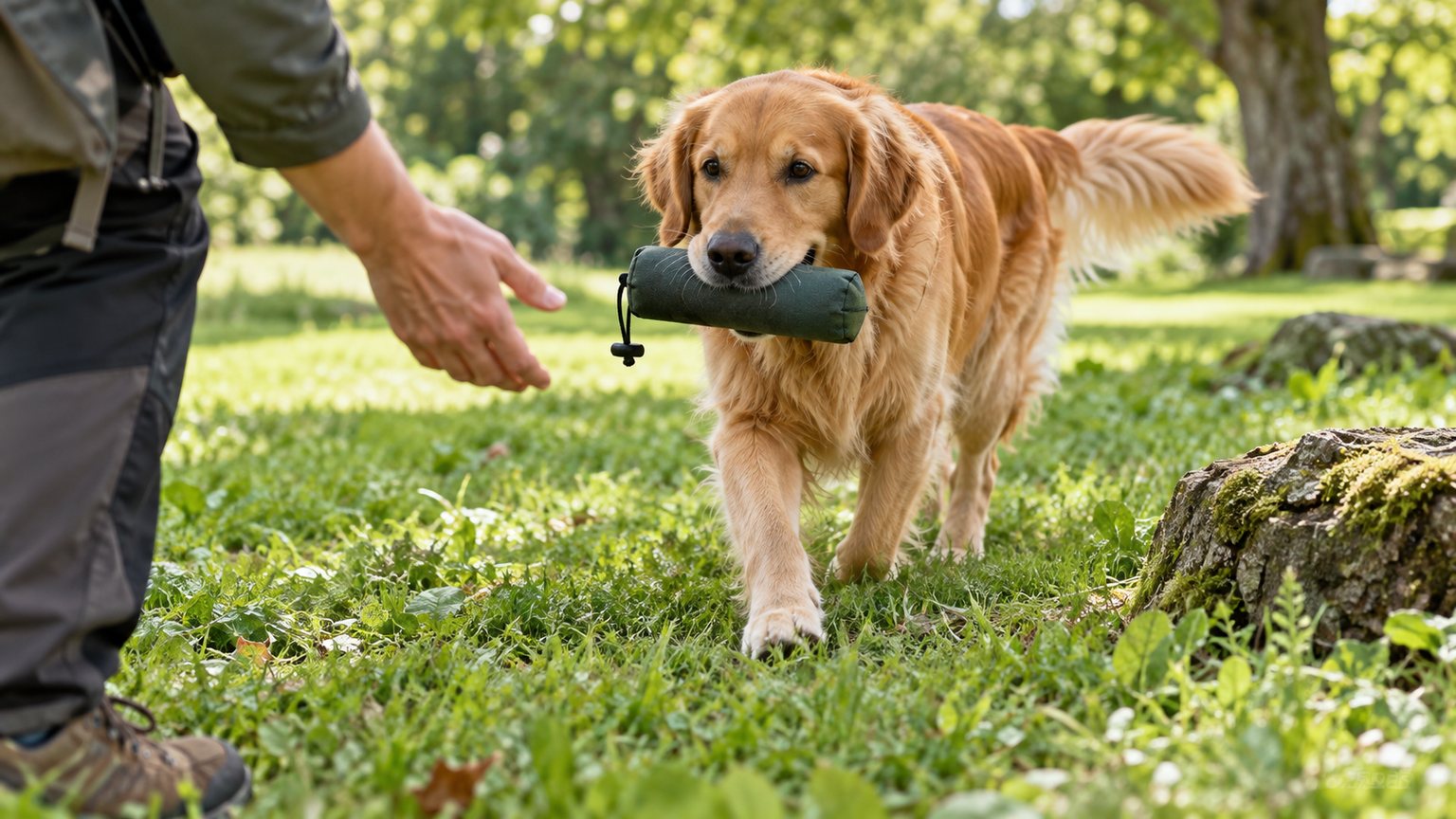 Golden Retriever bringt beim Training einen Dummy im Park zurück