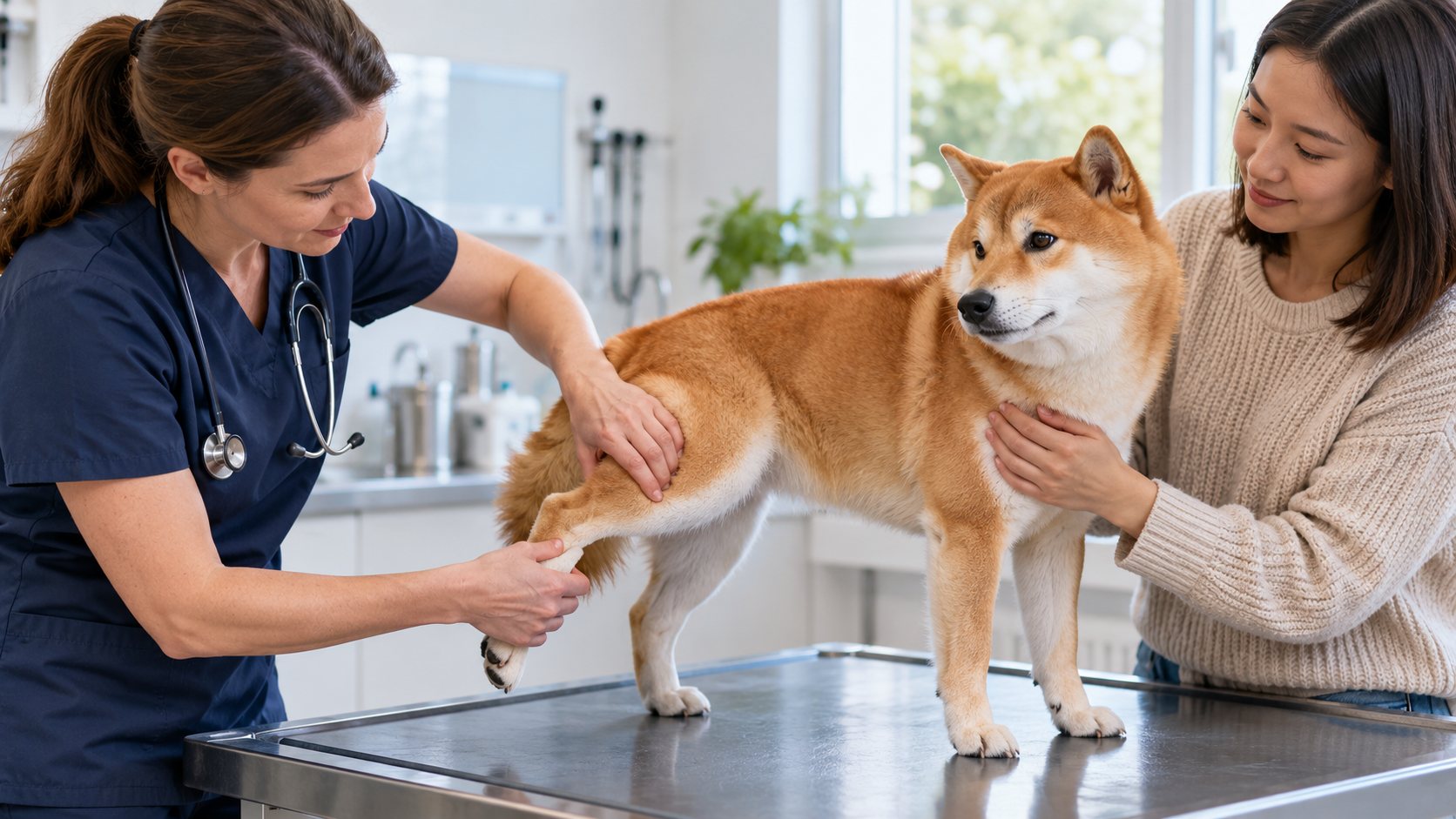 Vétérinaire examinant la patte arrière d’un Shiba Inu