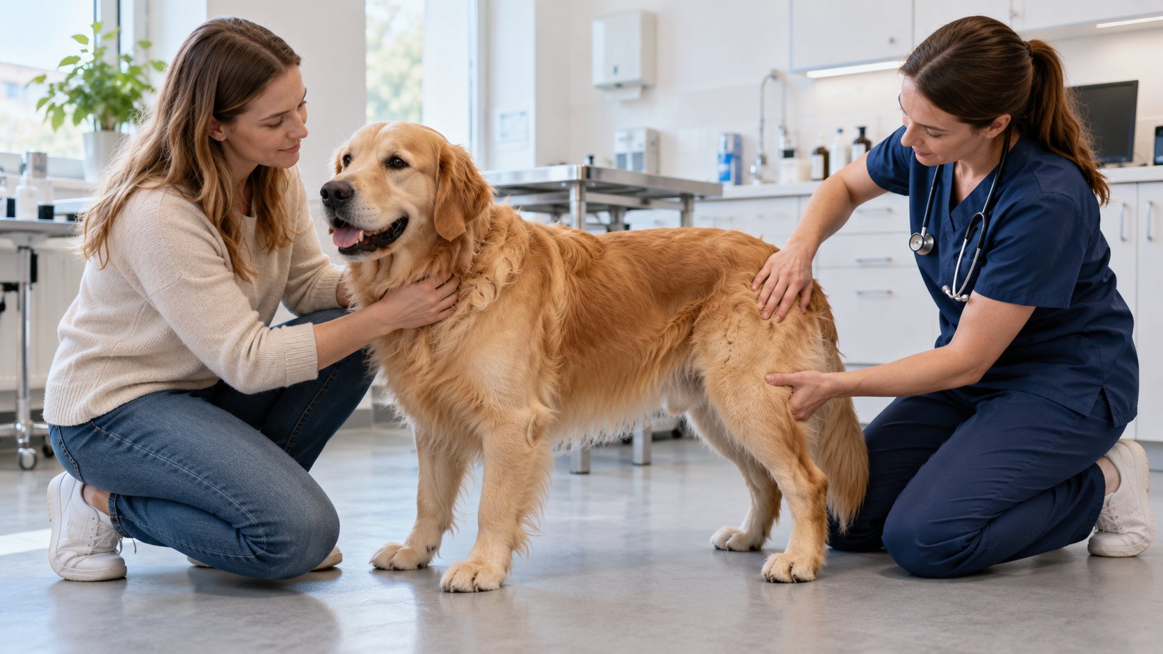 Tierärztin untersucht die Hüfte eines Golden Retrievers